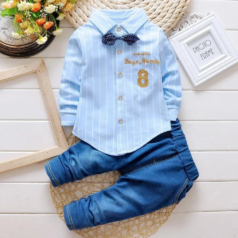 Giggles And Grab Baby boy fashion Kids Boys Clothes Baby Casual Bow Tie Shirt + Pants 2pcs Sets Summer Infant Denim Outfits Children Suits Toddler Clothing BC1219"