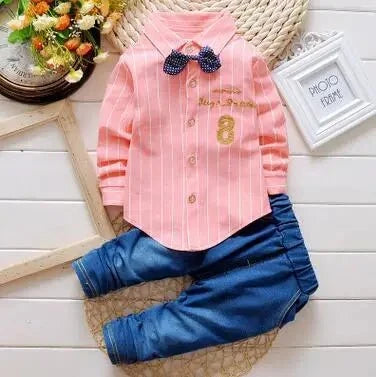 Giggles And Grab Baby boy fashion Pink / 2T Kids Boys Clothes Baby Casual Bow Tie Shirt + Pants 2pcs Sets Summer Infant Denim Outfits Children Suits Toddler Clothing BC1219"