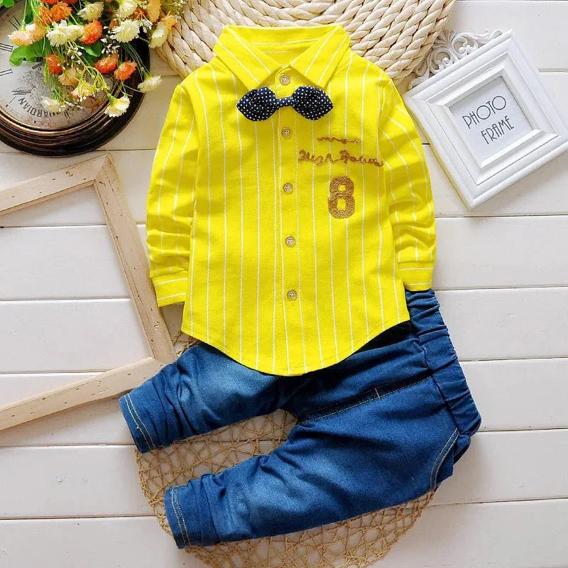 Giggles And Grab Baby boy fashion Yellow / 12M Kids Boys Clothes Baby Casual Bow Tie Shirt + Pants 2pcs Sets Summer Infant Denim Outfits Children Suits Toddler Clothing BC1219"