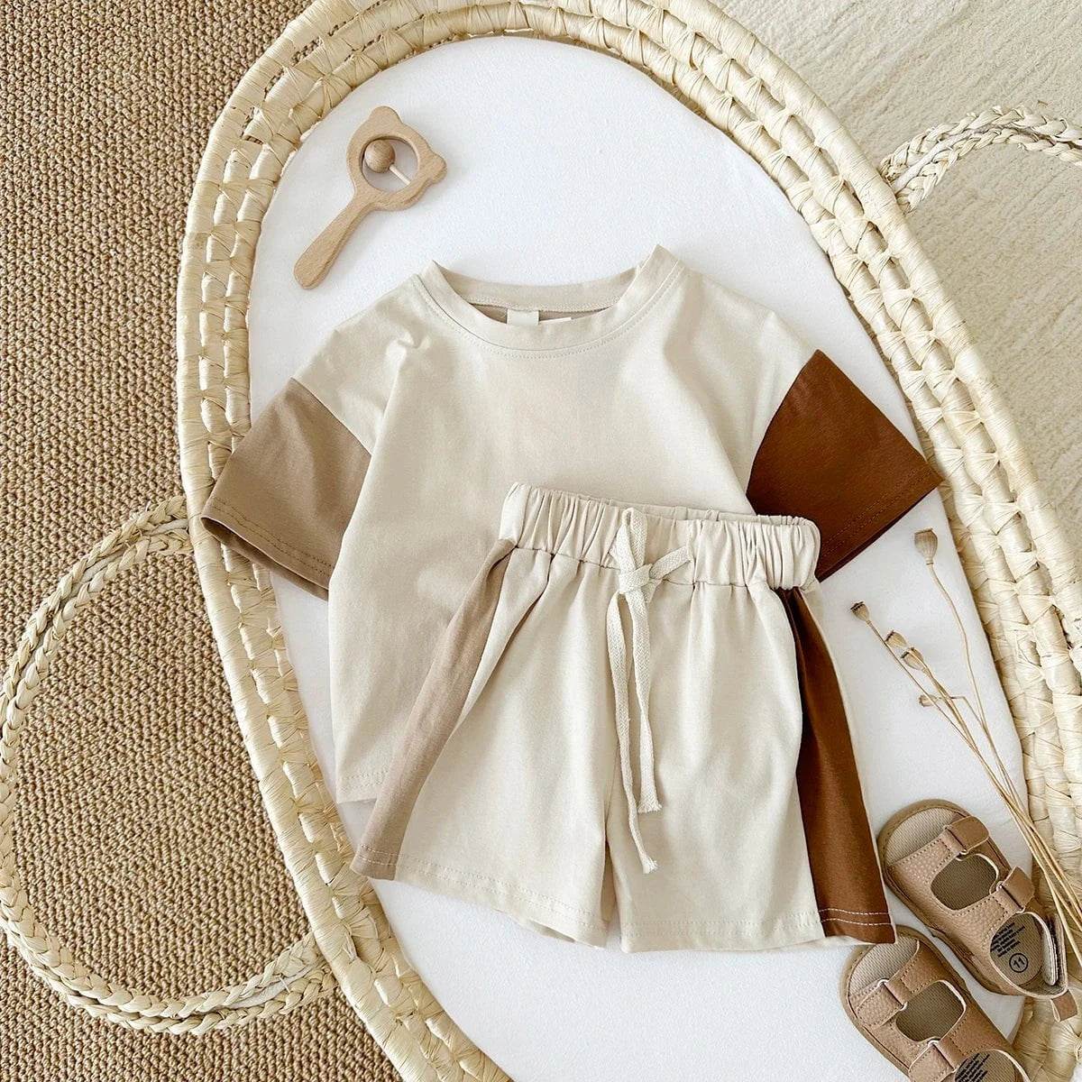 Summer Children's Clothes – Baby Boy T-Shirt + Pant 2PCS Set, Kids Solid Short Sleeve Elastic Waist Suit, Toddler Girl Clothes, Baby Outfit - Giggles And Grab