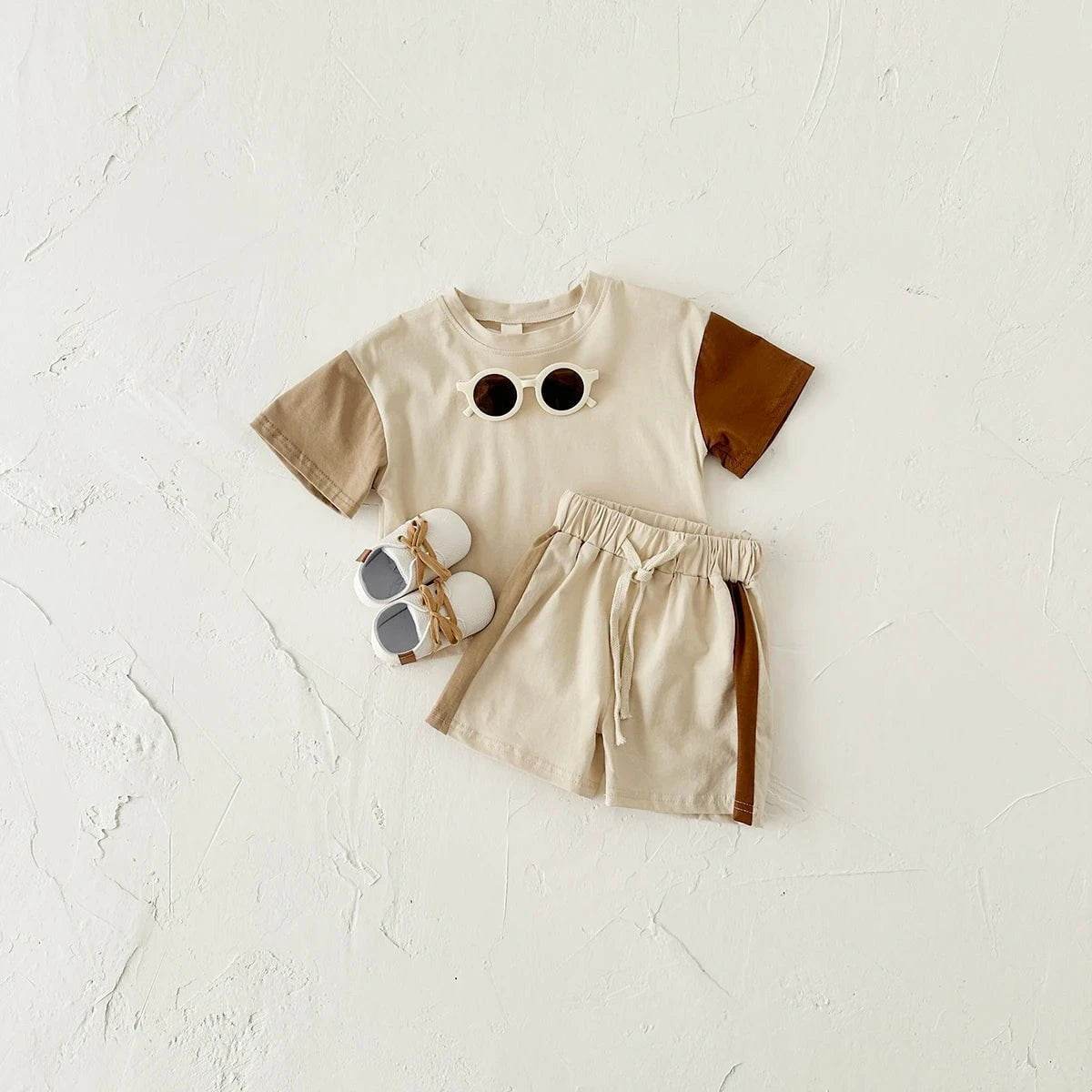 Summer Children's Clothes – Baby Boy T-Shirt + Pant 2PCS Set, Kids Solid Short Sleeve Elastic Waist Suit, Toddler Girl Clothes, Baby Outfit - Giggles And Grab