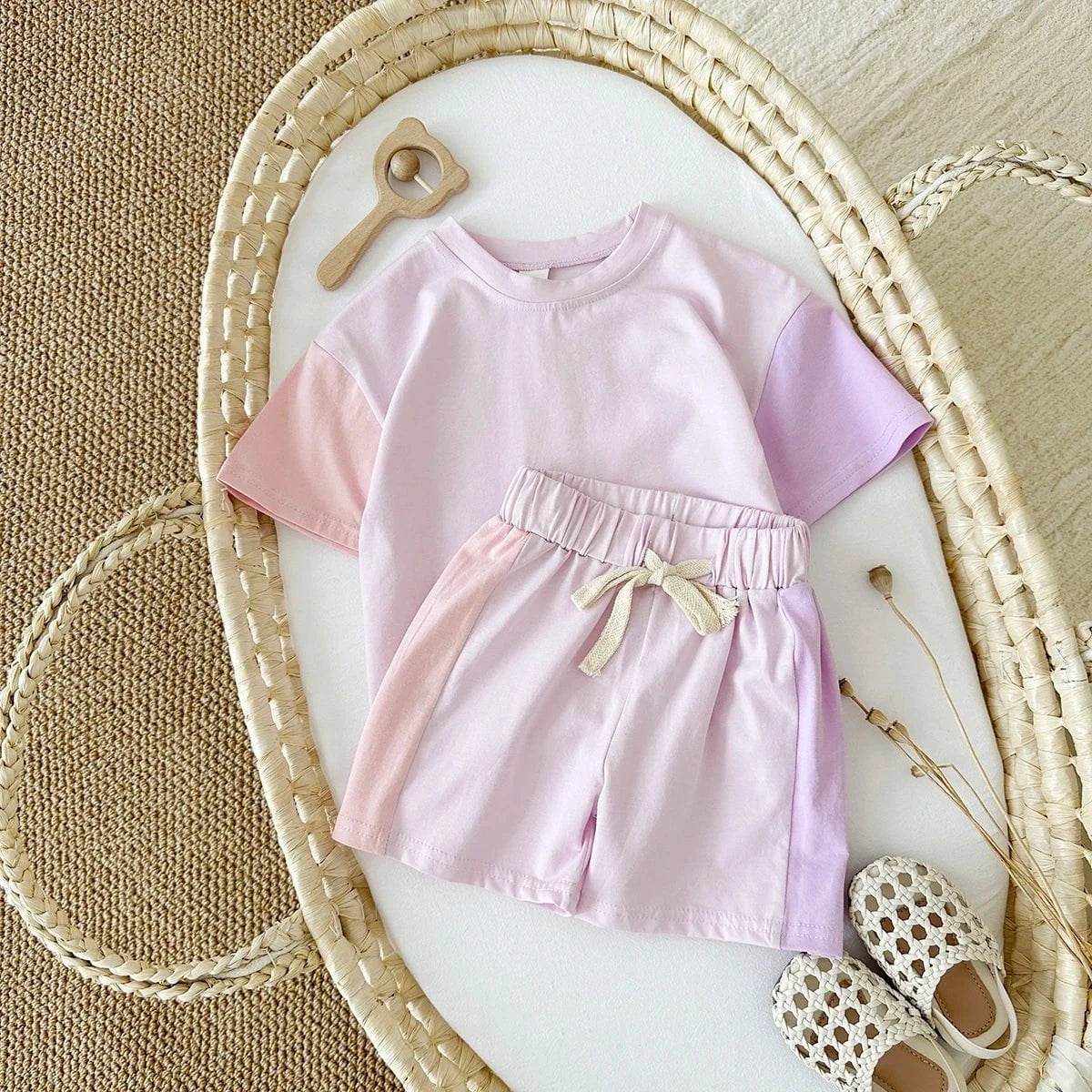 Summer Children's Clothes – Baby Boy T-Shirt + Pant 2PCS Set, Kids Solid Short Sleeve Elastic Waist Suit, Toddler Girl Clothes, Baby Outfit - Giggles And Grab