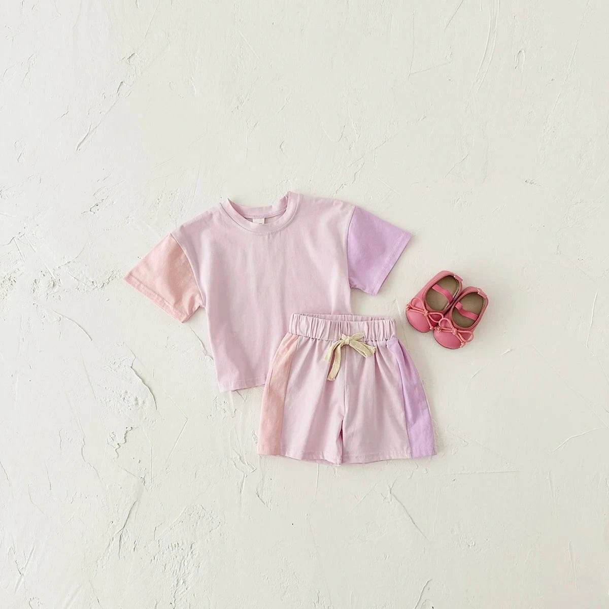 Summer Children's Clothes – Baby Boy T-Shirt + Pant 2PCS Set, Kids Solid Short Sleeve Elastic Waist Suit, Toddler Girl Clothes, Baby Outfit - Giggles And Grab