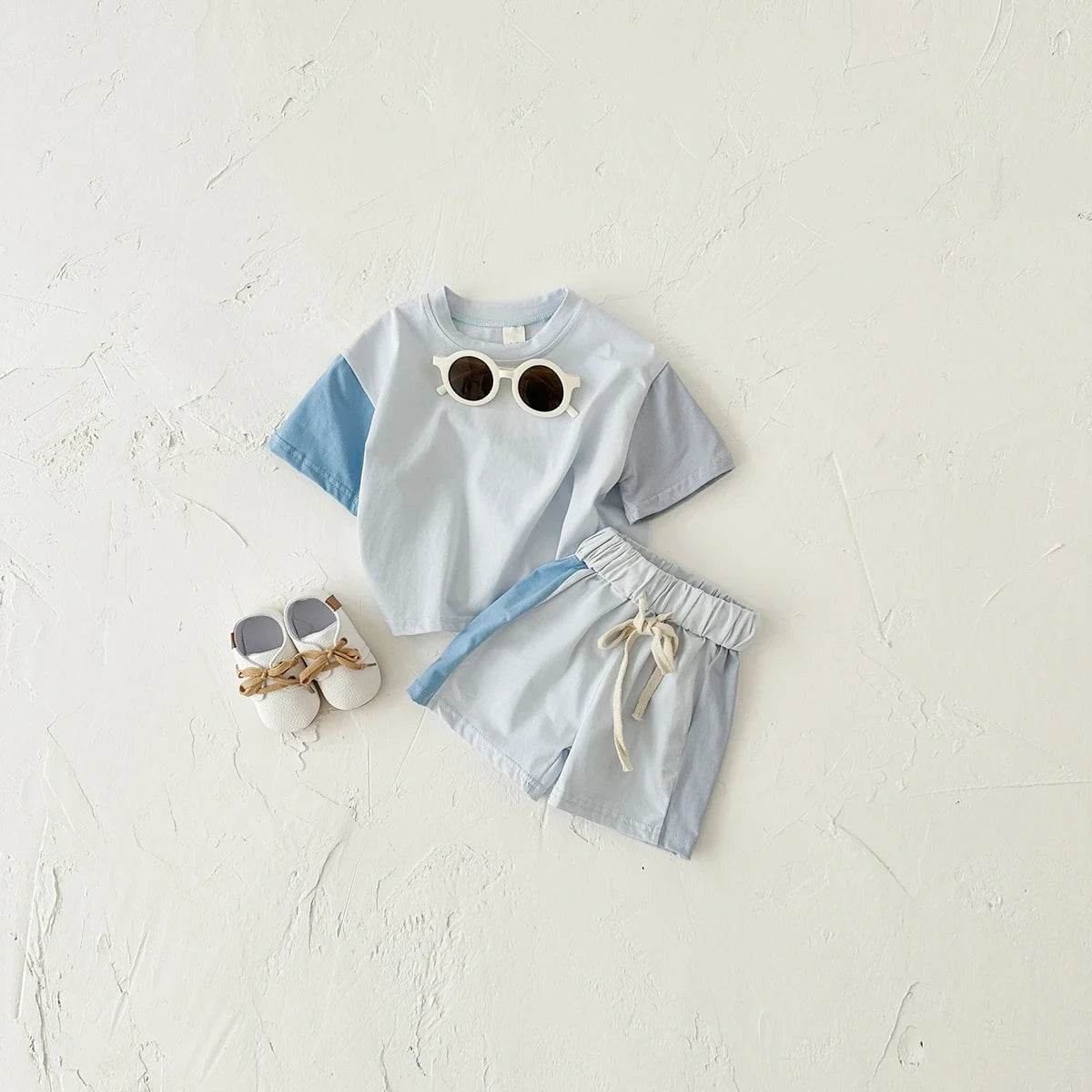 Summer Children's Clothes – Baby Boy T-Shirt + Pant 2PCS Set, Kids Solid Short Sleeve Elastic Waist Suit, Toddler Girl Clothes, Baby Outfit - Giggles And Grab