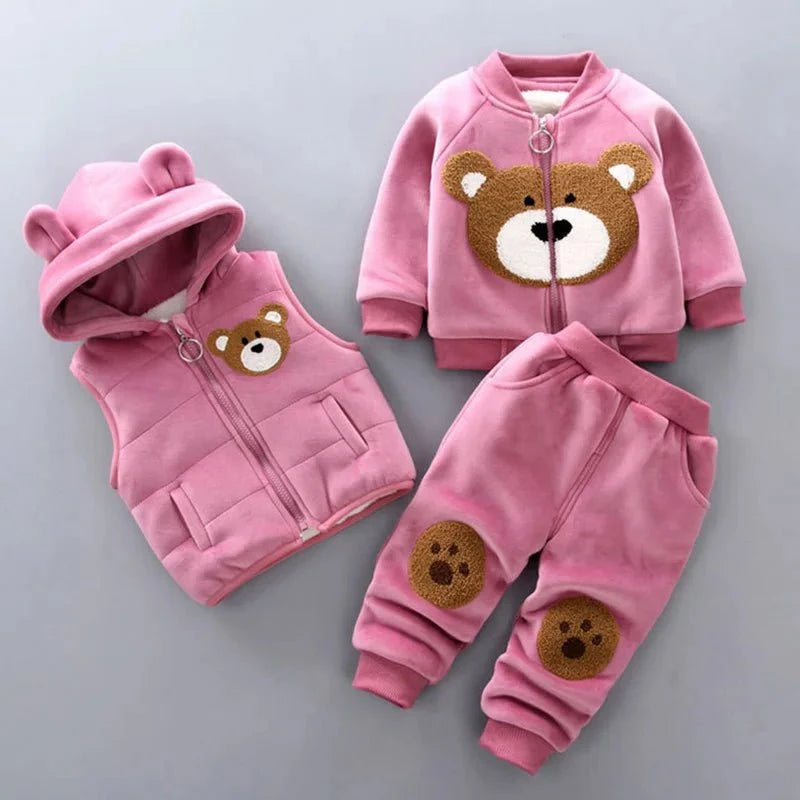 Giggles And Grab Baby thick fleece bear outfit Autumn Winter Baby Boys Clothes Set – Thick Fleece Cartoon Bear Jacket, Vest & Pants 3PCS Cotton Sport Suit for Girls, Warm Outfits"