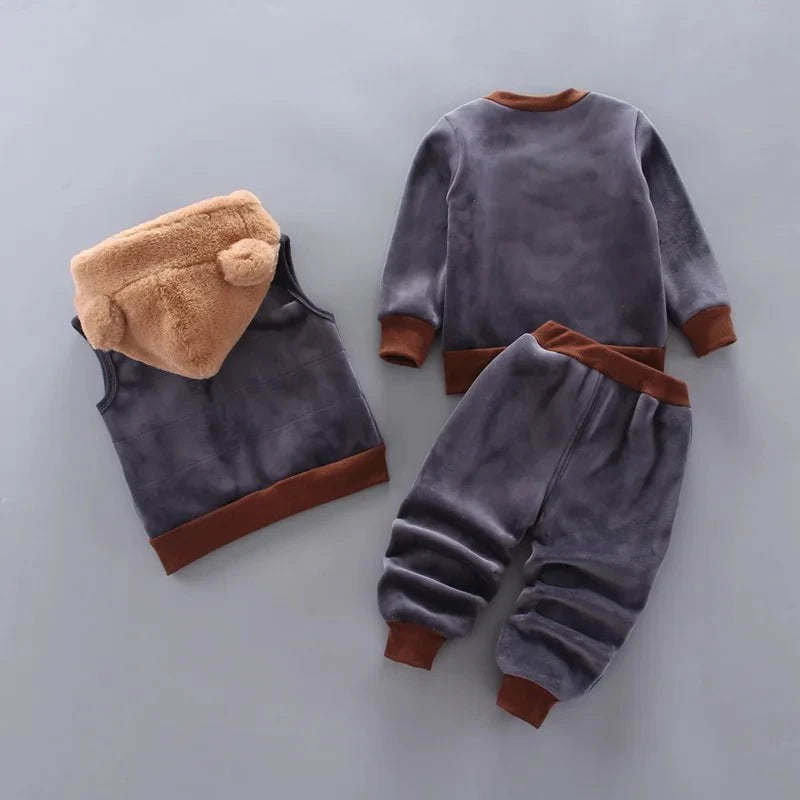 Giggles And Grab Baby thick fleece bear outfit Autumn Winter Baby Boys Clothes Set – Thick Fleece Cartoon Bear Jacket, Vest & Pants 3PCS Cotton Sport Suit for Girls, Warm Outfits"