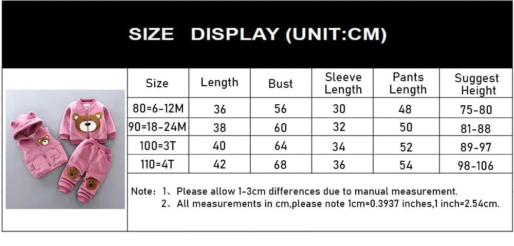 Giggles And Grab Baby thick fleece bear outfit Autumn Winter Baby Boys Clothes Set – Thick Fleece Cartoon Bear Jacket, Vest & Pants 3PCS Cotton Sport Suit for Girls, Warm Outfits"