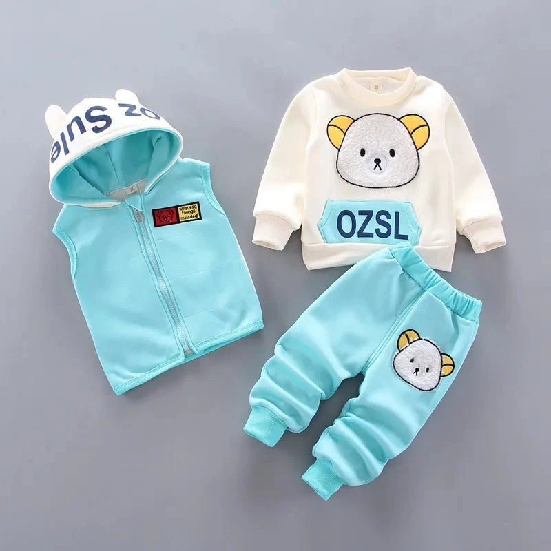 Giggles And Grab Baby thick fleece bear outfit Blue / 4T Autumn Winter Baby Boys Clothes Set – Thick Fleece Cartoon Bear Jacket, Vest & Pants 3PCS Cotton Sport Suit for Girls, Warm Outfits"