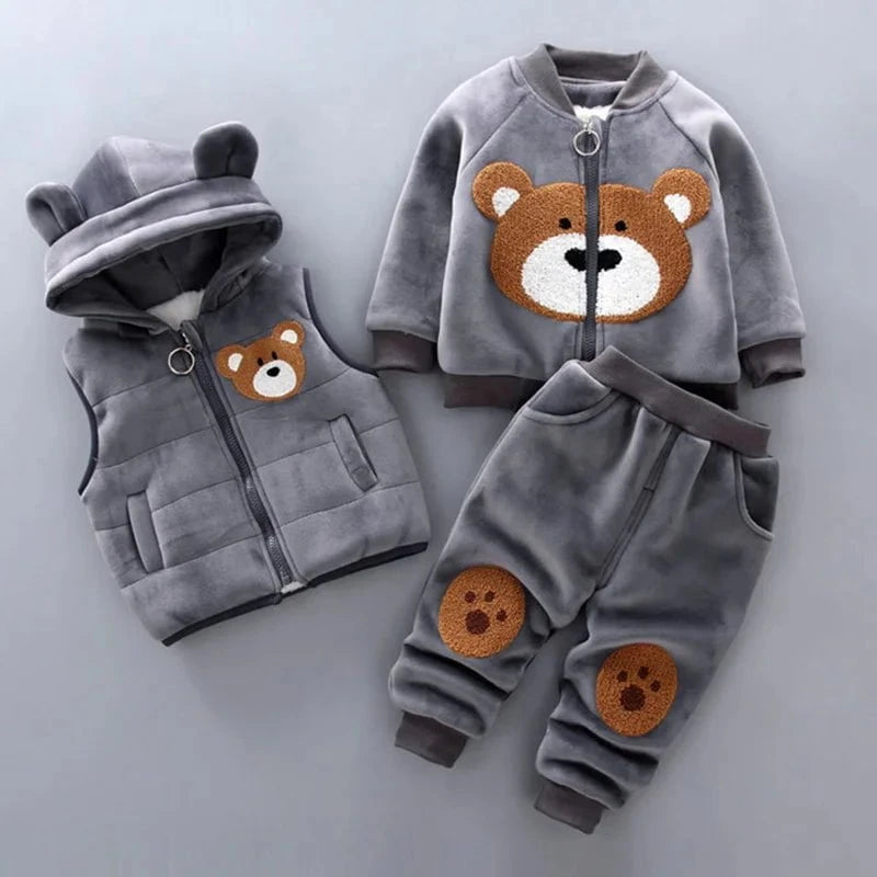 Giggles And Grab Baby thick fleece bear outfit Gray 1 / 6-12M Autumn Winter Baby Boys Clothes Set – Thick Fleece Cartoon Bear Jacket, Vest & Pants 3PCS Cotton Sport Suit for Girls, Warm Outfits"