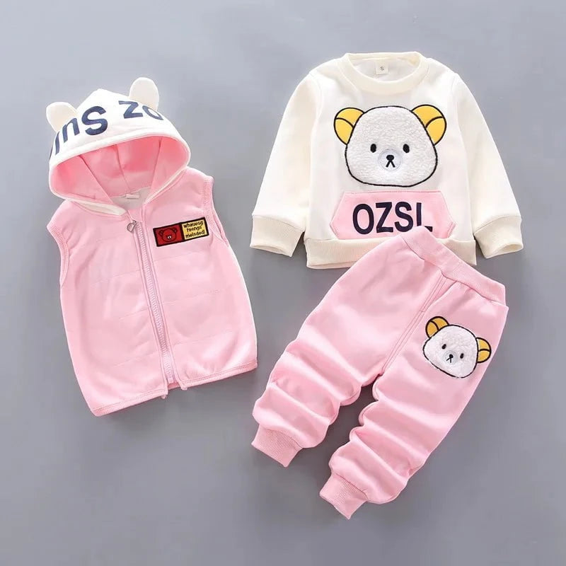 Giggles And Grab Baby thick fleece bear outfit Pink 2 / 6-12M Autumn Winter Baby Boys Clothes Set – Thick Fleece Cartoon Bear Jacket, Vest & Pants 3PCS Cotton Sport Suit for Girls, Warm Outfits"