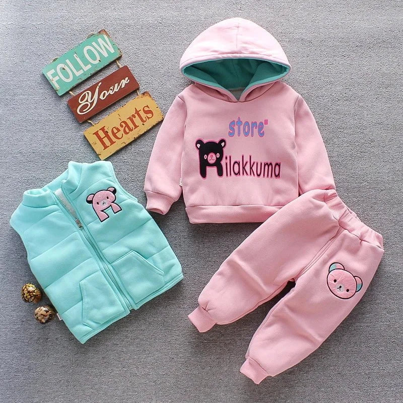 Giggles And Grab Baby thick fleece bear outfit Pink 3 / 6-12M Autumn Winter Baby Boys Clothes Set – Thick Fleece Cartoon Bear Jacket, Vest & Pants 3PCS Cotton Sport Suit for Girls, Warm Outfits"
