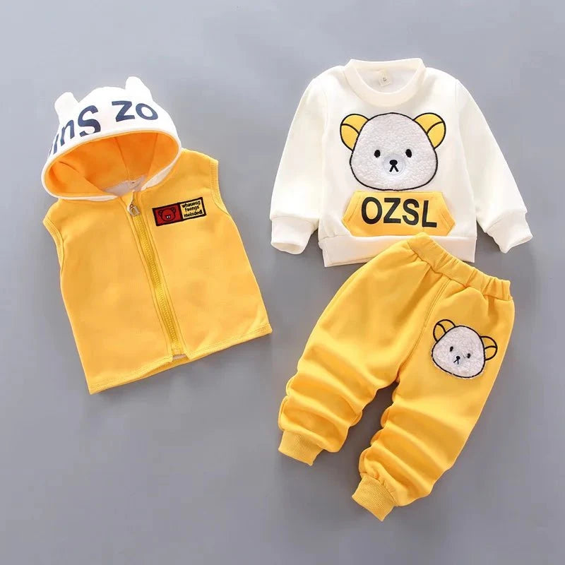 Giggles And Grab Baby thick fleece bear outfit Yellow 1 / 6-12M Autumn Winter Baby Boys Clothes Set – Thick Fleece Cartoon Bear Jacket, Vest & Pants 3PCS Cotton Sport Suit for Girls, Warm Outfits"