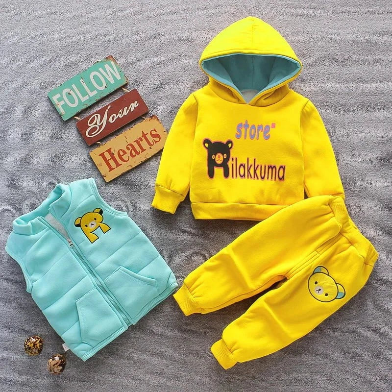 Giggles And Grab Baby thick fleece bear outfit Yellow 2 / 6-12M Autumn Winter Baby Boys Clothes Set – Thick Fleece Cartoon Bear Jacket, Vest & Pants 3PCS Cotton Sport Suit for Girls, Warm Outfits"