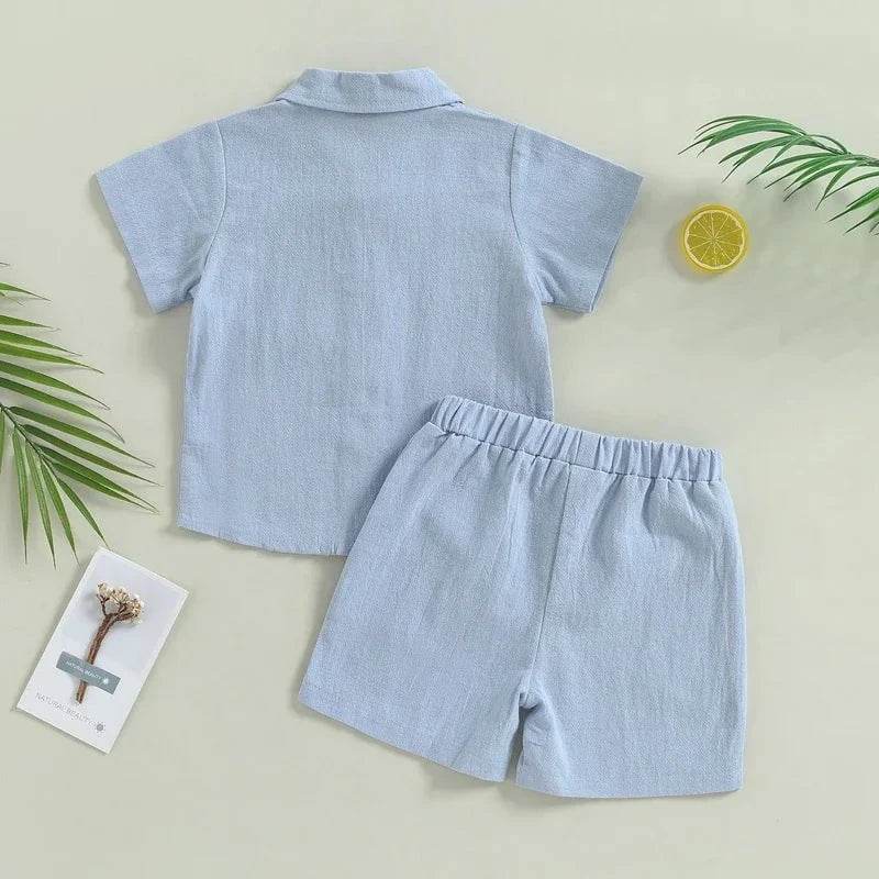 Baby Boy Summer Clothes – Toddler Infant Short Sleeve Solid Cotton Linen T-Shirt Tops & Casual Shorts Set, 2PCS Outfits - Giggles And Grab