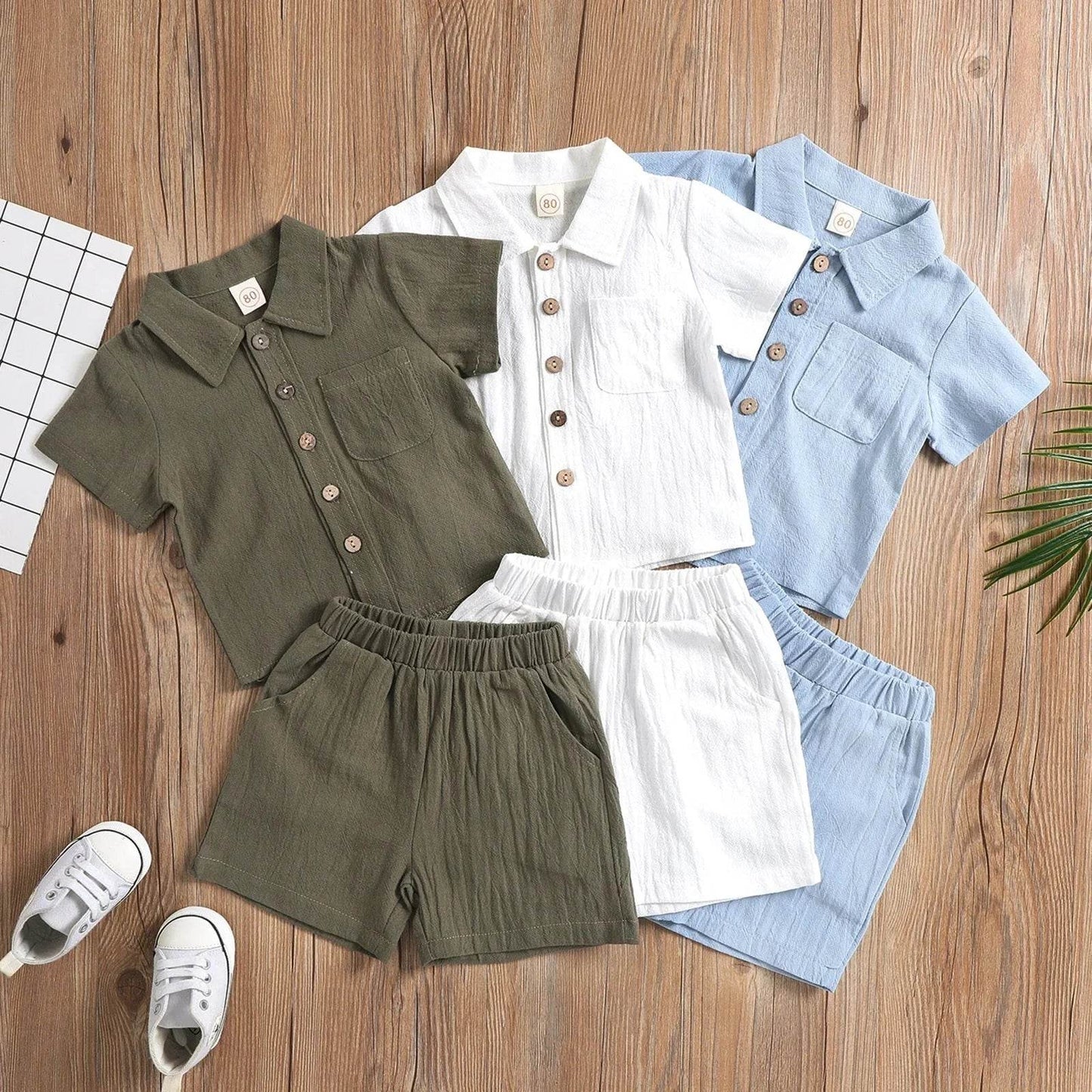 Baby Boy Summer Clothes – Toddler Infant Short Sleeve Solid Cotton Linen T-Shirt Tops & Casual Shorts Set, 2PCS Outfits - Giggles And Grab