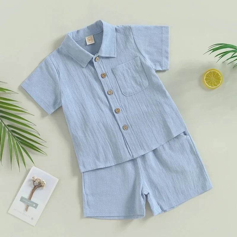 Baby Boy Summer Clothes – Toddler Infant Short Sleeve Solid Cotton Linen T-Shirt Tops & Casual Shorts Set, 2PCS Outfits - Giggles And Grab