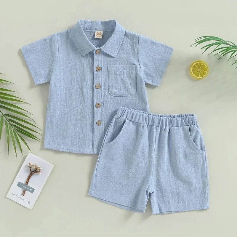 Baby Boy Summer Clothes – Toddler Infant Short Sleeve Solid Cotton Linen T-Shirt Tops & Casual Shorts Set, 2PCS Outfits - Giggles And Grab