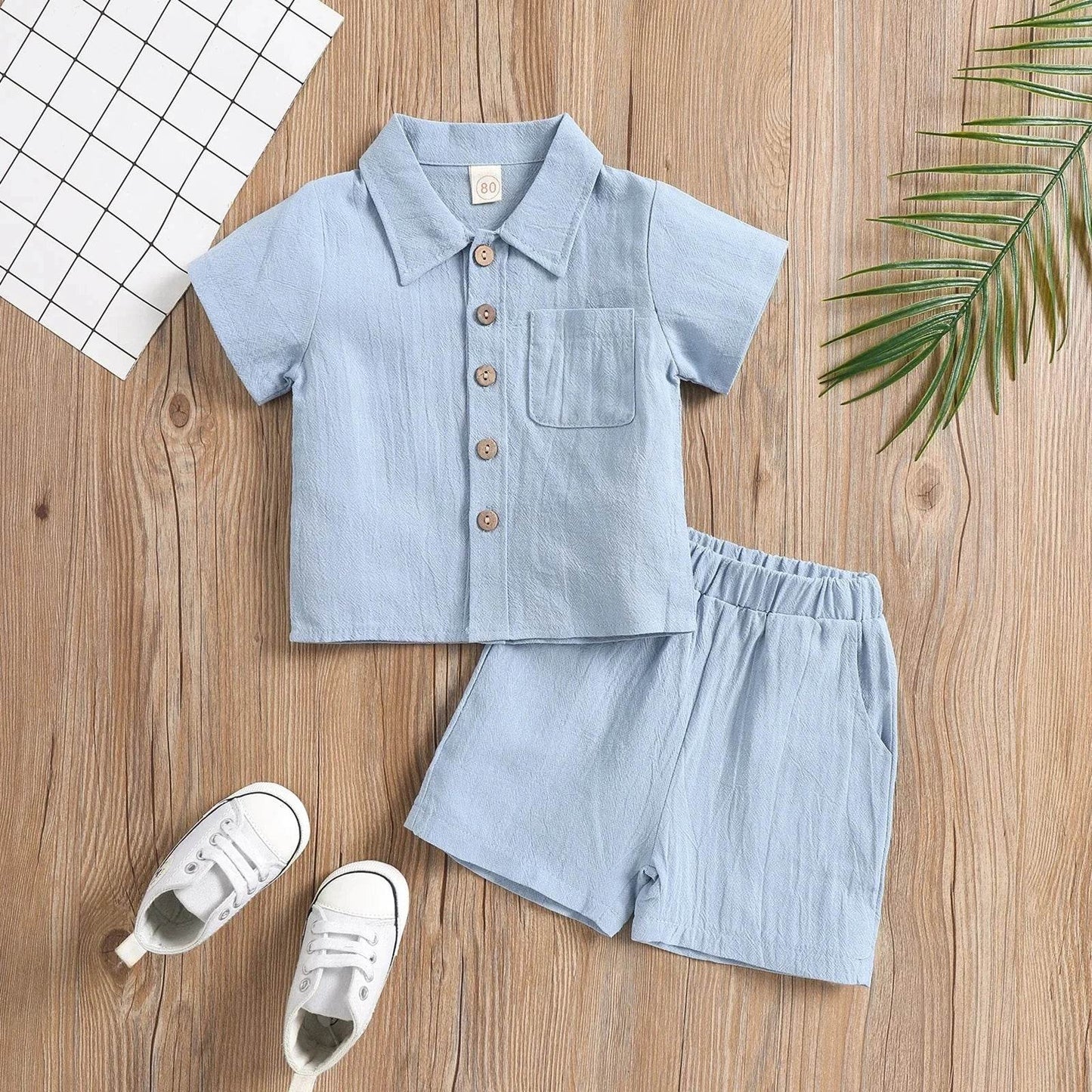 Baby Boy Summer Clothes – Toddler Infant Short Sleeve Solid Cotton Linen T-Shirt Tops & Casual Shorts Set, 2PCS Outfits - Giggles And Grab