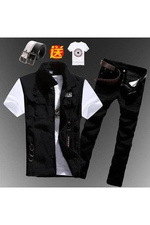 2pcs Set Men’s Boys Casual Denim Vest Sleeveless Waistcoat + Jeans Pants Trousers for Summer Autumn Spring, Free T-shirt & Belt Included - Giggles And Grab