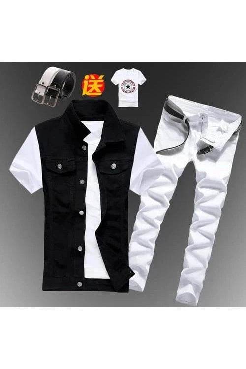 2pcs Set Men’s Boys Casual Denim Vest Sleeveless Waistcoat + Jeans Pants Trousers for Summer Autumn Spring, Free T-shirt & Belt Included - Giggles And Grab