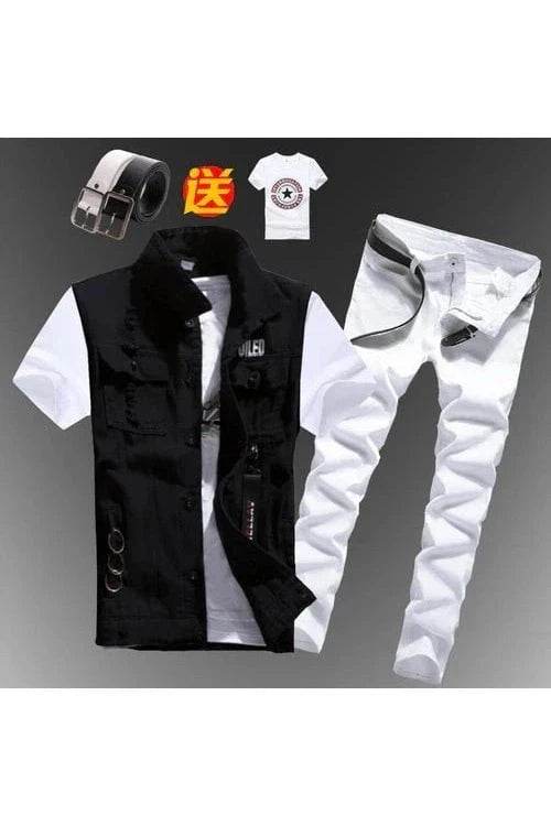 2pcs Set Men’s Boys Casual Denim Vest Sleeveless Waistcoat + Jeans Pants Trousers for Summer Autumn Spring, Free T-shirt & Belt Included - Giggles And Grab