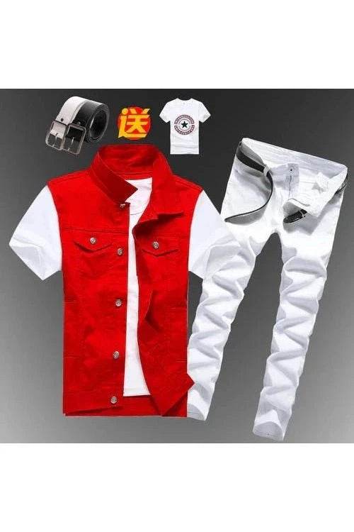 2pcs Set Men’s Boys Casual Denim Vest Sleeveless Waistcoat + Jeans Pants Trousers for Summer Autumn Spring, Free T-shirt & Belt Included - Giggles And Grab