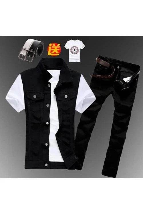2pcs Set Men’s Boys Casual Denim Vest Sleeveless Waistcoat + Jeans Pants Trousers for Summer Autumn Spring, Free T-shirt & Belt Included - Giggles And Grab