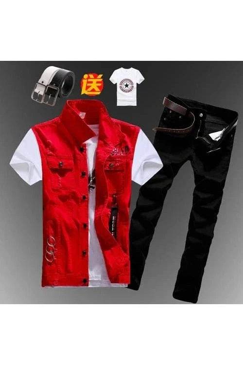 2pcs Set Men’s Boys Casual Denim Vest Sleeveless Waistcoat + Jeans Pants Trousers for Summer Autumn Spring, Free T-shirt & Belt Included - Giggles And Grab