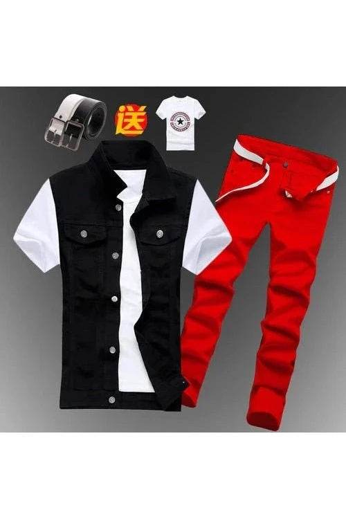 2pcs Set Men’s Boys Casual Denim Vest Sleeveless Waistcoat + Jeans Pants Trousers for Summer Autumn Spring, Free T-shirt & Belt Included - Giggles And Grab