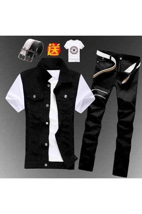 2pcs Set Men’s Boys Casual Denim Vest Sleeveless Waistcoat + Jeans Pants Trousers for Summer Autumn Spring, Free T-shirt & Belt Included - Giggles And Grab