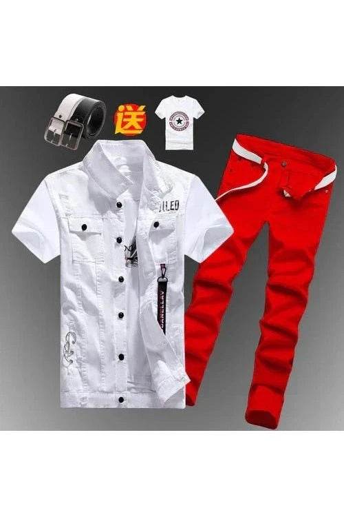 2pcs Set Men’s Boys Casual Denim Vest Sleeveless Waistcoat + Jeans Pants Trousers for Summer Autumn Spring, Free T-shirt & Belt Included - Giggles And Grab
