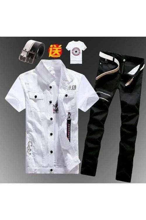 2pcs Set Men’s Boys Casual Denim Vest Sleeveless Waistcoat + Jeans Pants Trousers for Summer Autumn Spring, Free T-shirt & Belt Included - Giggles And Grab