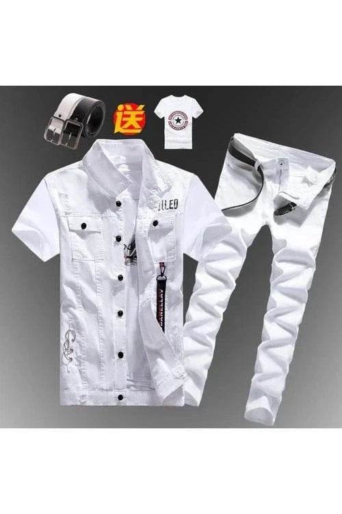2pcs Set Men’s Boys Casual Denim Vest Sleeveless Waistcoat + Jeans Pants Trousers for Summer Autumn Spring, Free T-shirt & Belt Included - Giggles And Grab