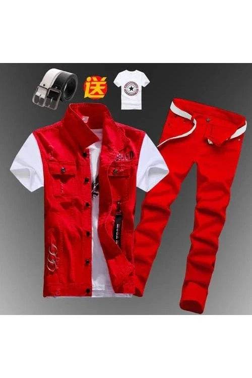 2pcs Set Men’s Boys Casual Denim Vest Sleeveless Waistcoat + Jeans Pants Trousers for Summer Autumn Spring, Free T-shirt & Belt Included - Giggles And Grab
