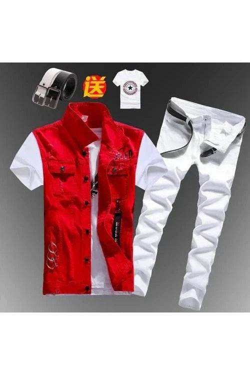 2pcs Set Men’s Boys Casual Denim Vest Sleeveless Waistcoat + Jeans Pants Trousers for Summer Autumn Spring, Free T-shirt & Belt Included - Giggles And Grab