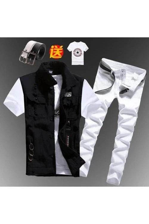 2pcs Set Men’s Boys Casual Denim Vest Sleeveless Waistcoat + Jeans Pants Trousers for Summer Autumn Spring, Free T-shirt & Belt Included - Giggles And Grab