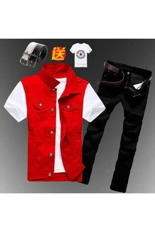 2pcs Set Men’s Boys Casual Denim Vest Sleeveless Waistcoat + Jeans Pants Trousers for Summer Autumn Spring, Free T-shirt & Belt Included - Giggles And Grab
