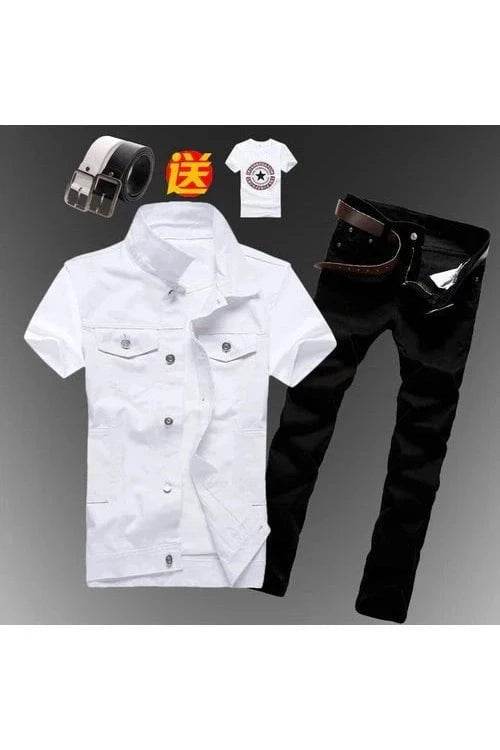 2pcs Set Men’s Boys Casual Denim Vest Sleeveless Waistcoat + Jeans Pants Trousers for Summer Autumn Spring, Free T-shirt & Belt Included - Giggles And Grab