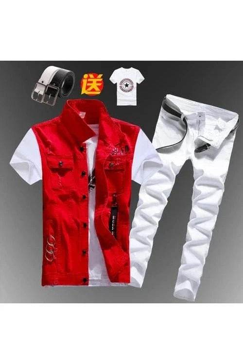 2pcs Set Men’s Boys Casual Denim Vest Sleeveless Waistcoat + Jeans Pants Trousers for Summer Autumn Spring, Free T-shirt & Belt Included - Giggles And Grab