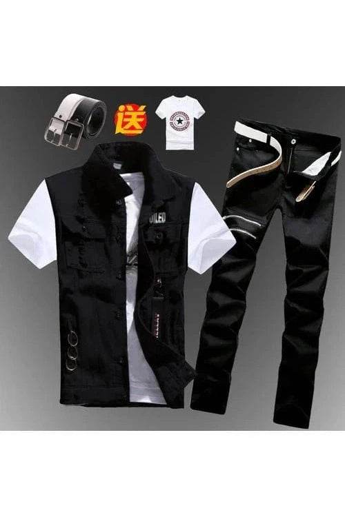 2pcs Set Men’s Boys Casual Denim Vest Sleeveless Waistcoat + Jeans Pants Trousers for Summer Autumn Spring, Free T-shirt & Belt Included - Giggles And Grab