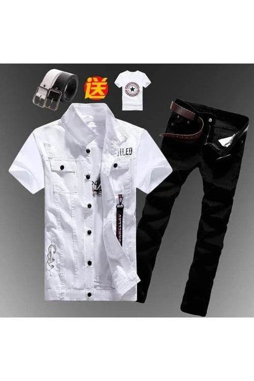 2pcs Set Men’s Boys Casual Denim Vest Sleeveless Waistcoat + Jeans Pants Trousers for Summer Autumn Spring, Free T-shirt & Belt Included - Giggles And Grab