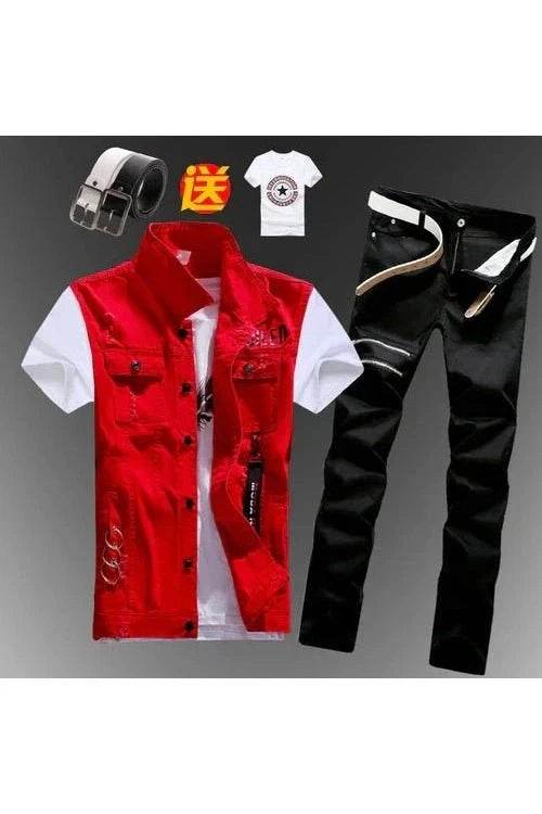 2pcs Set Men’s Boys Casual Denim Vest Sleeveless Waistcoat + Jeans Pants Trousers for Summer Autumn Spring, Free T-shirt & Belt Included - Giggles And Grab