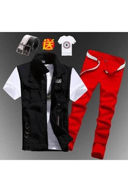 2pcs Set Men’s Boys Casual Denim Vest Sleeveless Waistcoat + Jeans Pants Trousers for Summer Autumn Spring, Free T-shirt & Belt Included - Giggles And Grab