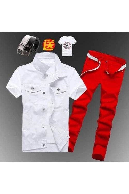 2pcs Set Men’s Boys Casual Denim Vest Sleeveless Waistcoat + Jeans Pants Trousers for Summer Autumn Spring, Free T-shirt & Belt Included - Giggles And Grab