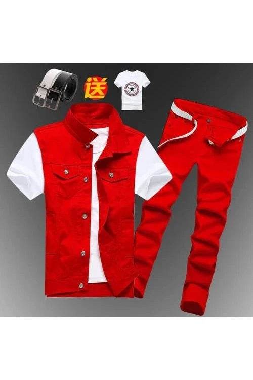 2pcs Set Men’s Boys Casual Denim Vest Sleeveless Waistcoat + Jeans Pants Trousers for Summer Autumn Spring, Free T-shirt & Belt Included - Giggles And Grab