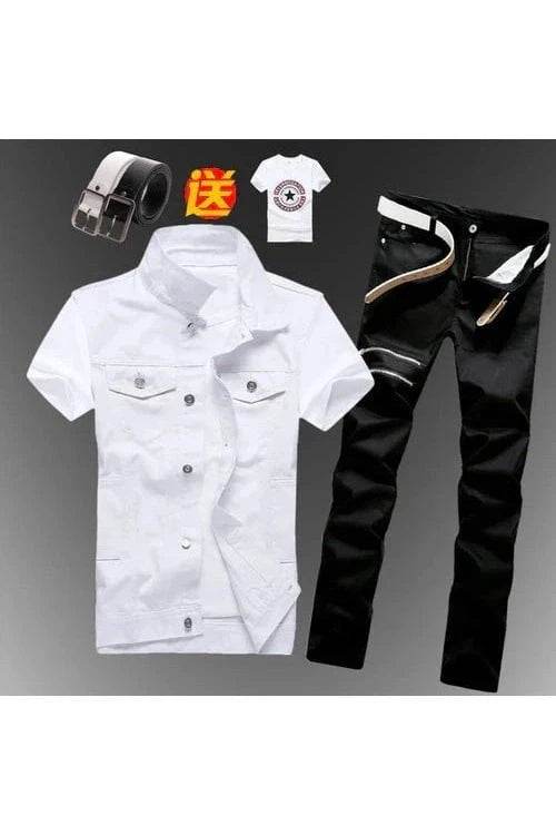 2pcs Set Men’s Boys Casual Denim Vest Sleeveless Waistcoat + Jeans Pants Trousers for Summer Autumn Spring, Free T-shirt & Belt Included - Giggles And Grab