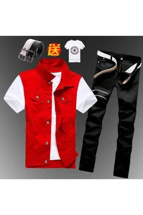 2pcs Set Men’s Boys Casual Denim Vest Sleeveless Waistcoat + Jeans Pants Trousers for Summer Autumn Spring, Free T-shirt & Belt Included - Giggles And Grab