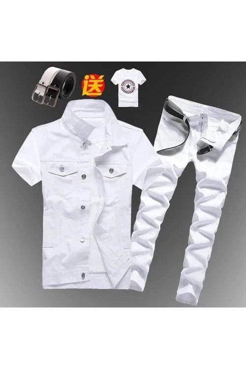 2pcs Set Men’s Boys Casual Denim Vest Sleeveless Waistcoat + Jeans Pants Trousers for Summer Autumn Spring, Free T-shirt & Belt Included - Giggles And Grab