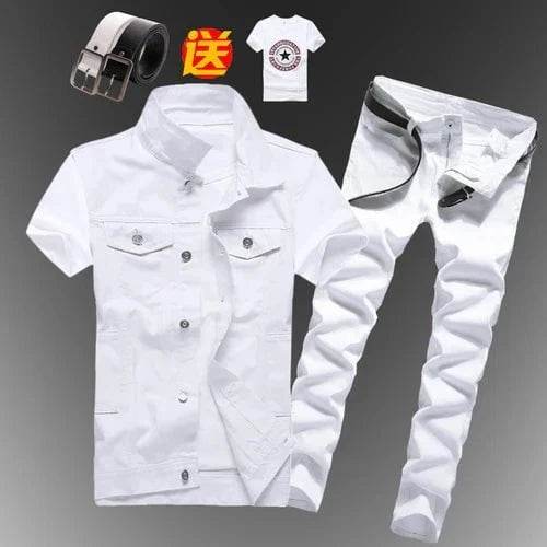 2pcs Set Men’s Boys Casual Denim Vest Sleeveless Waistcoat + Jeans Pants Trousers for Summer Autumn Spring, Free T-shirt & Belt Included - Giggles And Grab