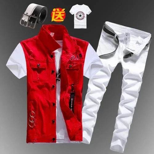 2pcs Set Men’s Boys Casual Denim Vest Sleeveless Waistcoat + Jeans Pants Trousers for Summer Autumn Spring, Free T-shirt & Belt Included - Giggles And Grab